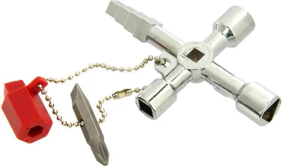 Immagine prodotto di Chiave a croce multifunzionale a 4 vie pratica con cacciavite per rubinetti, contatori acqua e gas, quadri e armadi elettrici, radiatori, ascensori, argento marca Geko