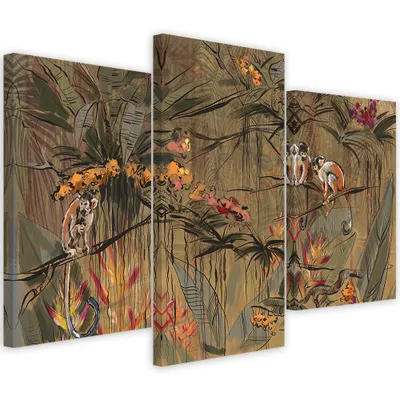 Produktbild von Triptychon auf leinwand affen im dschungel 150x100 cm Feeby braun wandbild bereit zum aufhängen