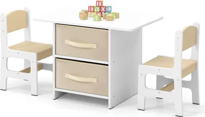 Produktbild von GOPLUS Kindertisch mit 2 Stühlen, 3tlg. Kindersitzgruppe mit 2 Abnehmbaren Vliesstoff-Schubladen, Breite Tischplatte & Offene Fächer, Beige
