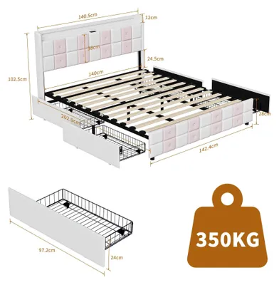 Image de Lit rembourré - Lit double 140 x 190 cm - Éclairage LED - Rangement avec 4 tiroirs - Sommier à lattes - Tête de lit - Blanc rose