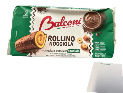 Produktbild von Balconi Rollino Nocciola Haselnuss Gebäck (222g Packung) + usy Block