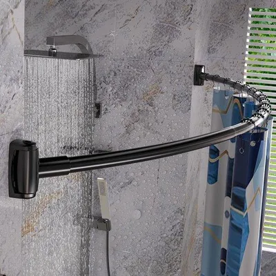 Produktbild von Famanu Duschvorhangstange gebogen mit 12 Ringen - Robuste Eckstange ohne Deckenhalterung - Rostfreie Duschvorhangstange für die Ecke - 100-200 cm -