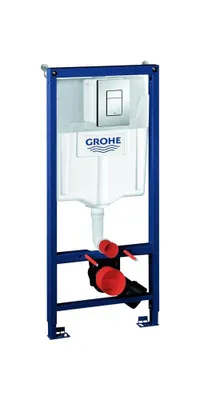 A wall-mounted toilet cistern and frame.