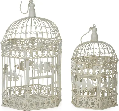 Zdjęcie produktu dla Zestaw dekoracji klatki dla ptaków w stylu vintage 2-częściowy kremowy metal 50 x 26 x 24 cm & 41 x 20 x 18 cm dekoracja Shabby Chic wisząca klatka dla ptaków dekoracja stołu dekoracja ogrodu dekoracja ślubna