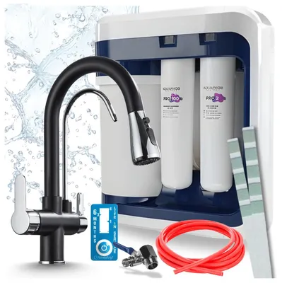 Produktbild von Ari 3-Wege-Küchenarmatur Nordic, Chrom, Ausziehbare Spültischarmatur Im Set Mit Aquaphor Ro-202S Pro Wasserfiltersystem, Untertischanlage