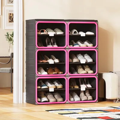Produktbild von REMZETTA Schuhschrank faltbar, Schwarz, mit 6 transparenten Türen, 12 Fächern und Magnetverschluss, Schuhregal aus Kunststoff mit Ablage für Flur und Diele