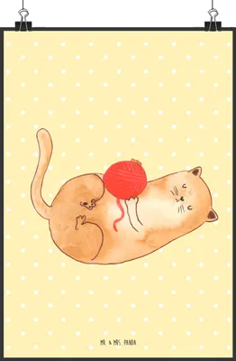 Produktbild von Mr. & Mrs. Panda Bild Katze Wolle DIN A2 - Gelb Pastell - Geschenk, Katzen, drucke, Wanddekoration, Kunstdruck, Spielen, wanddeko, Spiel, Putzig, Wandbild