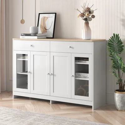 Image de OKWISH Buffet 4 Portes en Verre et 2 Tiroirs, Meuble de Rangement MDF, Blanc et Bois Naturel, 120x37x80 cm
