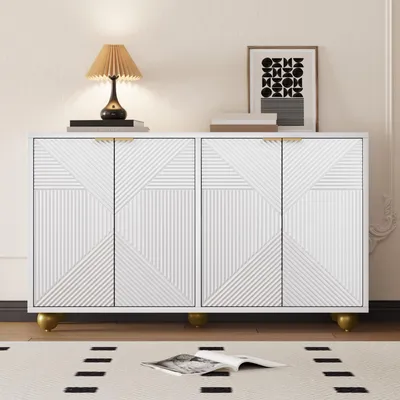 Productafbeelding van Merax dressoir met 4 deuren met gravures, commode met verstelbare legplanken, woonkamerkast met gouden metalen handgrepen en bolpoten, wit