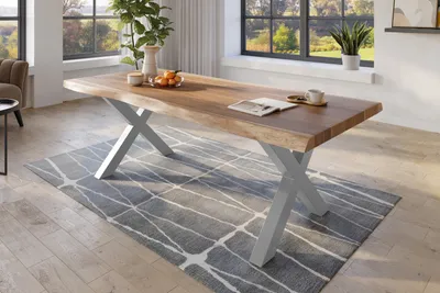 Produktbild von Baumkantentisch 220 x 110 cm Esstisch massiv Akazie Natur X-Gestell Silber TITAN