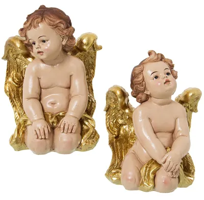 2 Engel-Figuren aus Kunstharz, Beige/Gold, 8x10x14 cm