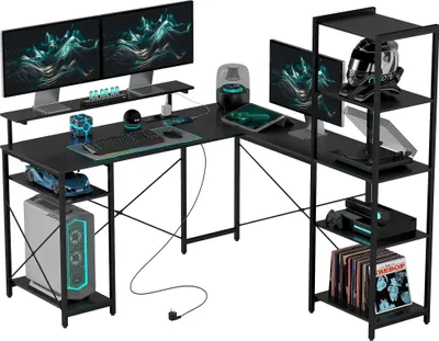 Produktbild von L-förmiger Schreibtisch mit Ladestation, Eck-Computertisch mit Monitorständer und Regalen, für Homeoffice, Büro, Schwarz