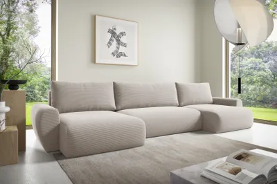 Produktbild von Ecksofas in U-Form ANTONIO MINI BOSS U 397x153cm, Wohnlandschaft mit Schlaffunktion & Bettkästen, Eckarniutur / Bezug - Cord in Weiß/Cremeweiß
