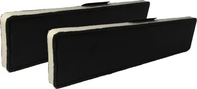 Two black rectangular filters with white trim are shown side-by-side against a white background.