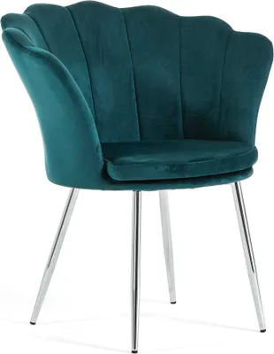 Produktbild von Samtstuhl SHELLY in Muschelform mit gepolsterter Sitzfläche und goldenen Metallbeinen, elegantes und raffiniertes Design –Petrol/Silber