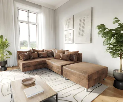 Produktbild von DELIFE Ecksofa Clovis Braun Antik Optik Hocker Ottomane Links Modulsofa