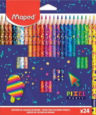 The image shows the packaging of a set of Maped colored pencils with a pixel art theme.