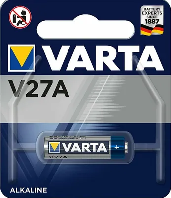 A Varta V27A alkaline battery in its retail packaging.