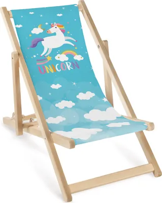 Zdjęcie produktu dla Dziecięcy składany drewniany leżak z motywem jednorożca – leżak plażowy dla dzieci