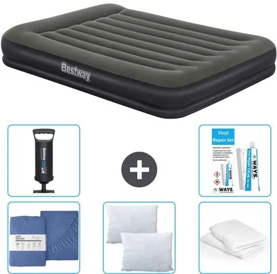 Produktbild von Luftbett 2-Personen - 152 x 203 x 36 cm - Grün - inkl. Bettwäsche - Kopfkissen - Kopfkissenschutz - Pumpe und Reparaturset