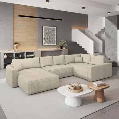 Produktbild von Masseno Ecksofa VELAMI R-S mit Schlaffunktion U-Form, Sofa mit Bettkasten, Wohnzimmersofa, Couch, Soffa, Bettsofa, Couchgarnitur- Creme, POSO 100