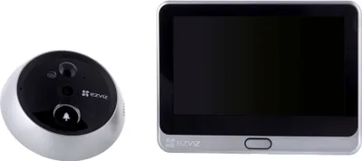A digital doorbell viewer and its screen are shown side-by-side against a white background.