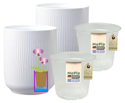 Produktbild von MePla - 2 Stück - Orchideenübertopf Falun ø 13 Weiss-matt + Pflanztopf Orchidee ø 12