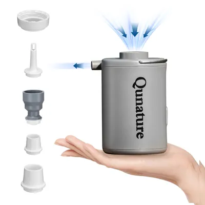 Immagine prodotto di Qunature Pompa d'aria elettrica 800mAh, Mini pompa per gonfiare/sgonfiare, con 5 ugelli d'aria, per barca gonfiabile/materasso d'aria/piscina per bambini, grigio