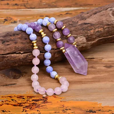 Produktbild von Halskette aus echten Steinen: Amethyst, Achat, Rose, 85 cm