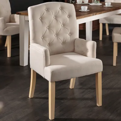 Produktbild von Invicta Interior Esszimmerstuhl CASTLE, beige, Armlehnen, Landhausstil, Chesterfield Steppung, Strukturstoff (100% Polyester), Gummibaumholz, 110 kg, 59x102x64 cm