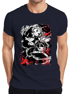 Zdjęcie produktu dla Męska koszulka grunge Rengoku Kimetsu no Yaiba Flame Sword Fan Anime, granatowy, L