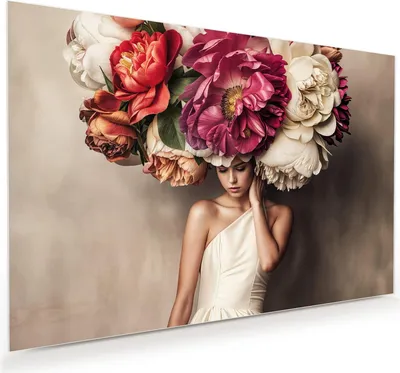 Produktbild von Glasbild 120x80cm in XXL für Wohnzimmer, Schlafzimmer Motiv Blumenhut Portrait