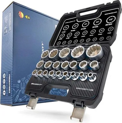 Produktbild von Unyqoos® HASKYY® 21-teiliges Mehrzahn-Steckschlüsselsatz 8–36 mm, 1/2" Antrieb, 12- & 6‑kant, XZN & Torx-Nüsse, Chrom‑Vanadium, im Systemkoffer mit Schaumeinlage
