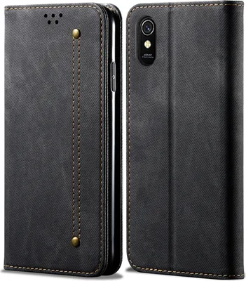 Produktbild von Redmi 9A Hülle, LaimTop Denim Leder Brieftasche Magnetverschluss Flip Bookstyle Schutzhülle mit Standfunktion für Xiaomi Redmi 9A Schwarz