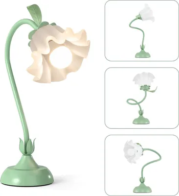 A flower-shaped desk lamp shown from multiple angles.