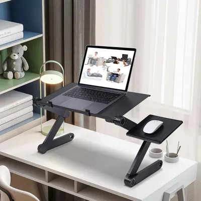 Image de Support pour ordinateur portable - Réglable en hauteur - Pliable - Alliage d'aluminium - Ventilée - Avec tapis de souris - Pour