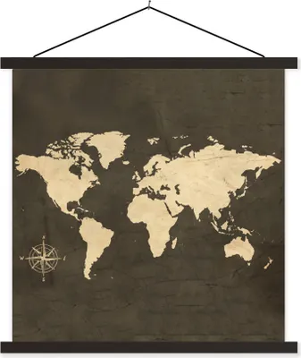 Produktbild von MuchoWow® Textilposter Weltkarte - Windrose - Weiß 120x120 cm mit schwarzem Rahmen - Aufhängungsset