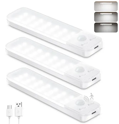 Produktbild von Unterbauleuchte Küche LED Schrankbeleuchtung 3 Stück Dimmbar Schranklicht mit Bewegungsmelder innen, Küchen Akku Lampe LED Leiste USB-C Lampen, Magnetische Schrankleuchte für Treppe,Schlafzimmer-6500K