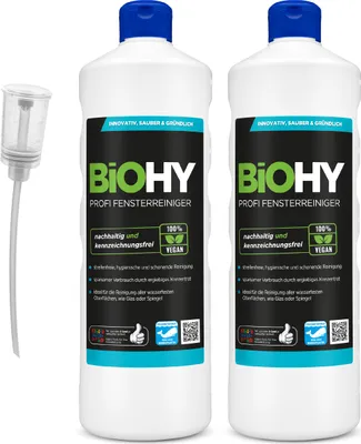 Zdjęcie produktu dla Profesjonalny płyn do mycia szyb BiOHY (butelka 2x1l) + dozownik | koncentrat płynu do mycia szyb, idealny do wszystkich CZYSZCZĄCYCH OKIEN | czyszczenie bez smug powierzchni szklanych, okiennych i lustrzanych