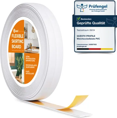 Zdjęcie produktu dla QUEST Listwa wykończeniowa PCV 10x10mm, 5m na taśmie piankowej, mocna elastyczna, miękka taśma dekoracyjna, biały