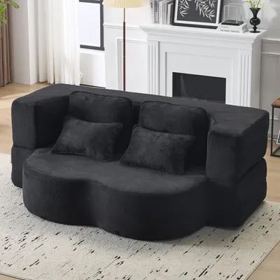 Produktbild von MODFU 2-Sitzer-Sofa,modernes Relaxsofa,Ecksofa mit 4 Kissen,2-in-1 Klappsofa,Bodensofa aus Samt,Schlafsofa für Wohnzimmer, Gästezimmer und Schlafzimmer,Schwarz