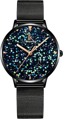 Produktbild von Alienwork Damen-Armbanduhr Quarz schwarz mit Metall Mesh Armband Edelstahl blau Strass-Steinen Glitzer elegant