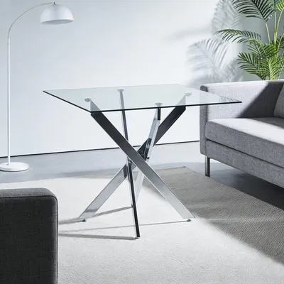 Produktbild von STILVORA Esstisch mit gehärteter Glasplatte, Glas Esstisch mit platzsparendem Design, Küchentisch mit Chrom Beinen, quadratischer Tisch