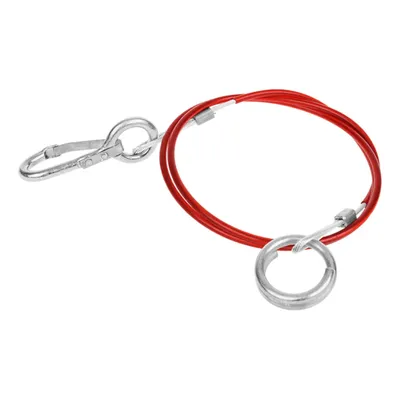 A red safety cable with a ring and a carabiner clip, isolated on a white background.
