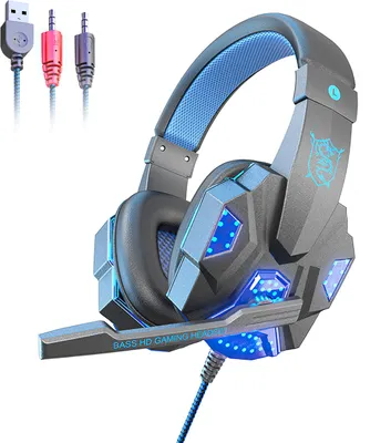 A gaming headset with blue LED lights and its connection cables.