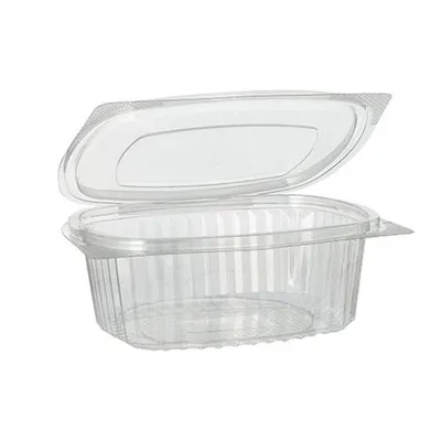 Produktbild von Feinkost- und Salatschalen mit Klappdeckel, R-PET oval 500 ml 5,5 cm x 12,4 cm x 15 cm klar