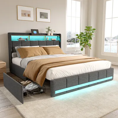 Produktbild von Polsterbett 140x200cm mit USB, Jugendbett Doppelbett mit Lattenrost und 4 Schubladen, Stauraumbett mit LED, Leinen, Grau