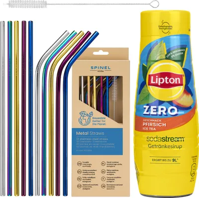 Produktbild von Sodastream Lipton Eistee Pfirsich Zero Sirup 440ml 10 Metallstrohhalme