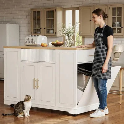 Immagine prodotto di Isola da cucina, armadietto da cucina, credenza, carrello di servizio, carrello da cucina con ruote, dotato di vano per contenitori di rifiuti, ripiani regolabili, colore bianco