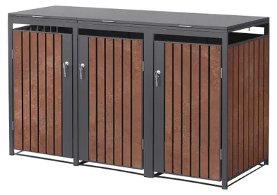 Obrázok produktu pre ML-Design, box na kontajnery na odpad, 3 kusy, pre 3 kontajnery s objemom 240 litrov, rozmer 200x80x120 cm, farba antracit s efektom imitácie dreva, materiál: oceľ/kortenoč. Možnosť uzamknutia